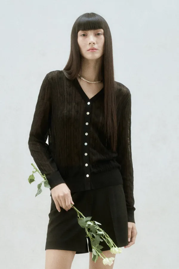 LINEN BLEND CABLE KNIT SHEER CARDIGAN BLACK