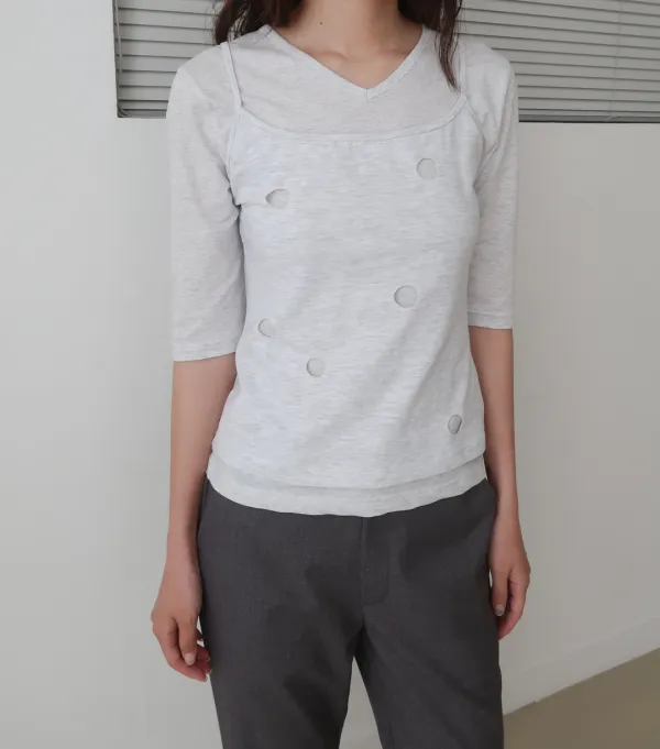 V-NECK MID SLEEVE T-SHIRT_WHITE MELANGE
