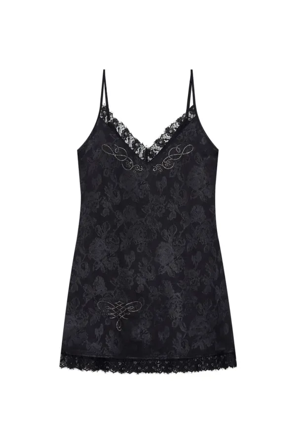 FLORAL HOTFIX MINI SLIP DRESS (BLACK)