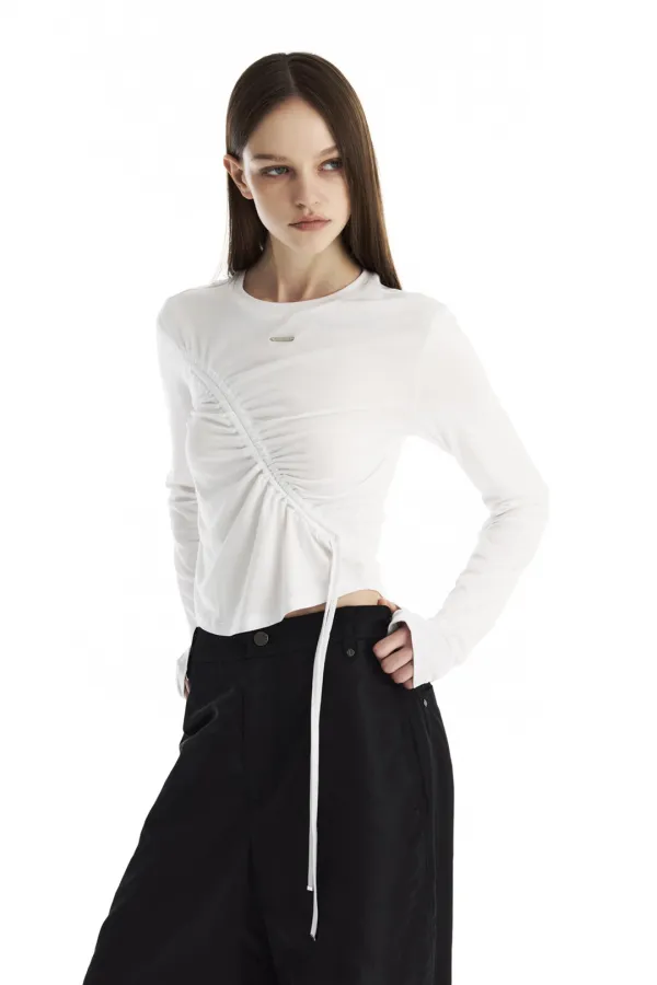 Shirred Wave Detail Crop Long Sleeve [ White ]
