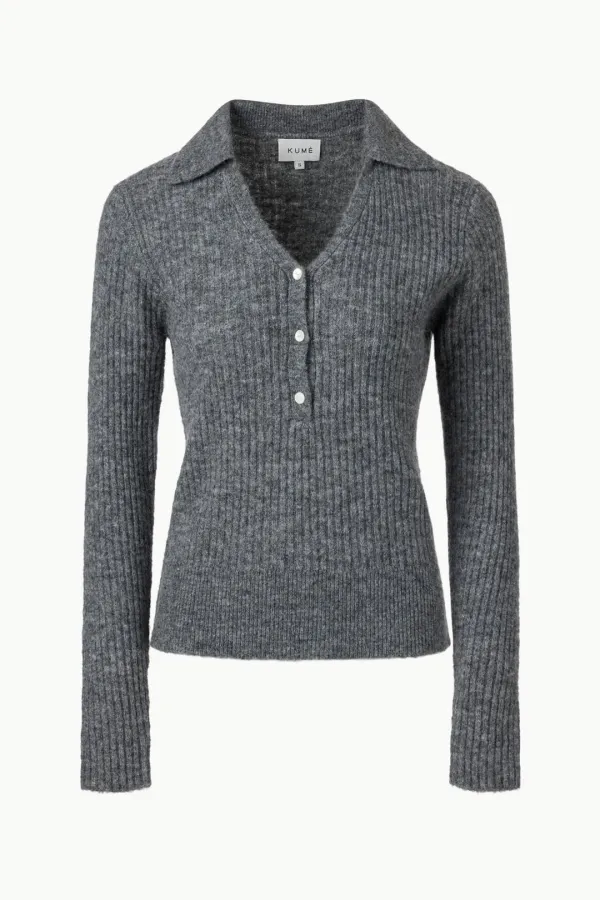 V-neck Button Collar Sweater, Melange Gray