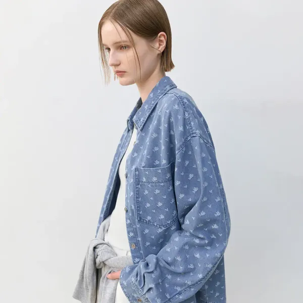 (BL-4302)FLOWER FRAYED DENIM SHIRT