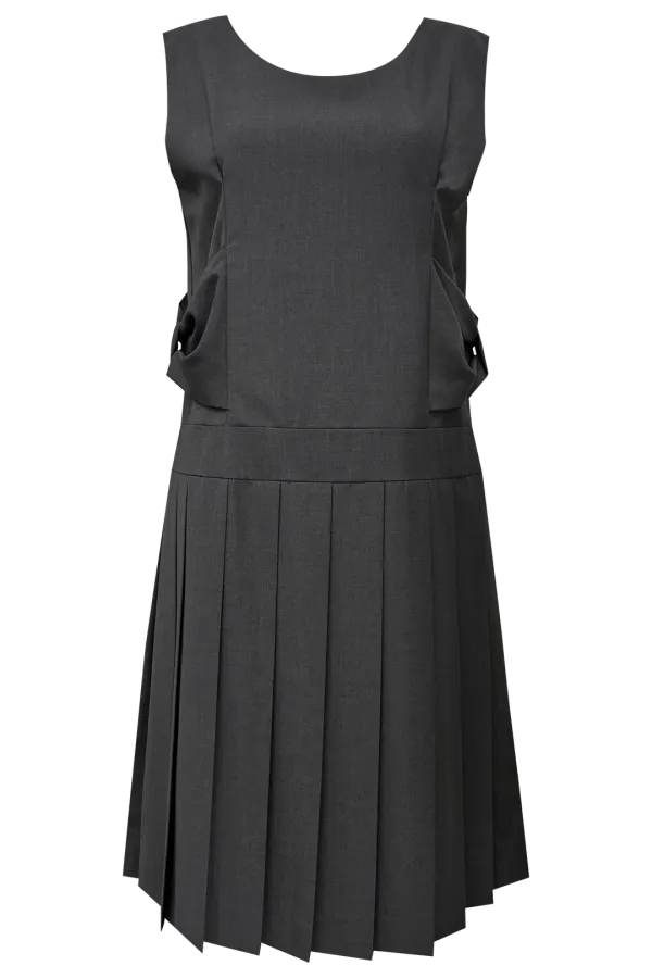 BOW SLEEVELESS PLEATED DRESS (CHARCOAL)