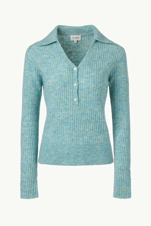V-neck Button Collar Sweater, Light Blue