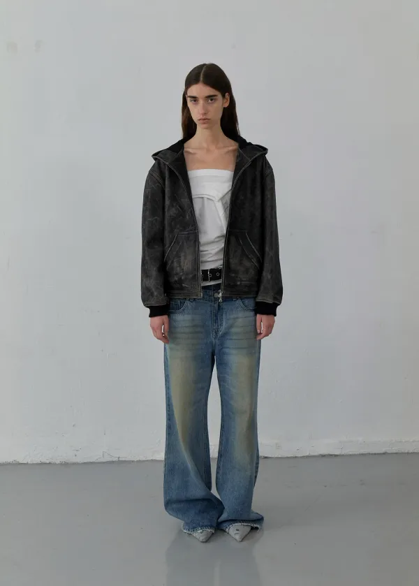 VINTAGE LEATHER HOODED ZIP-UP JACKET (BLACK)