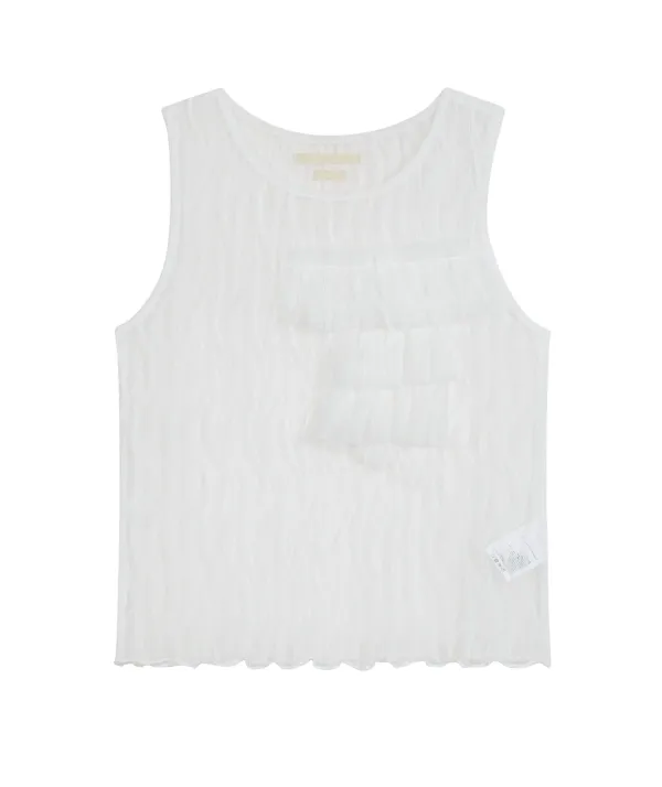 Mesh Ruffled Trim Sleeveless Top [White]