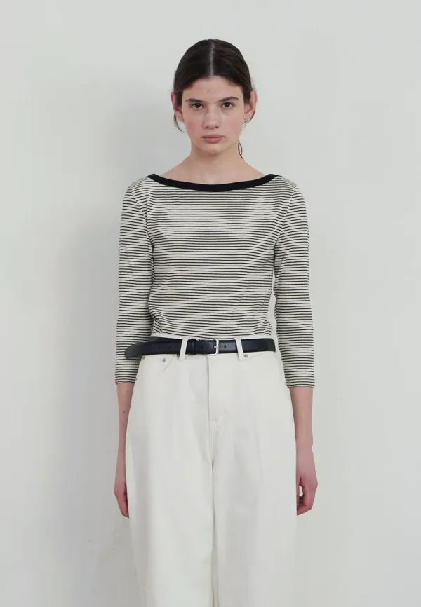BOAT NECK RIBBED T-SHIRT - BLACK STRIPE