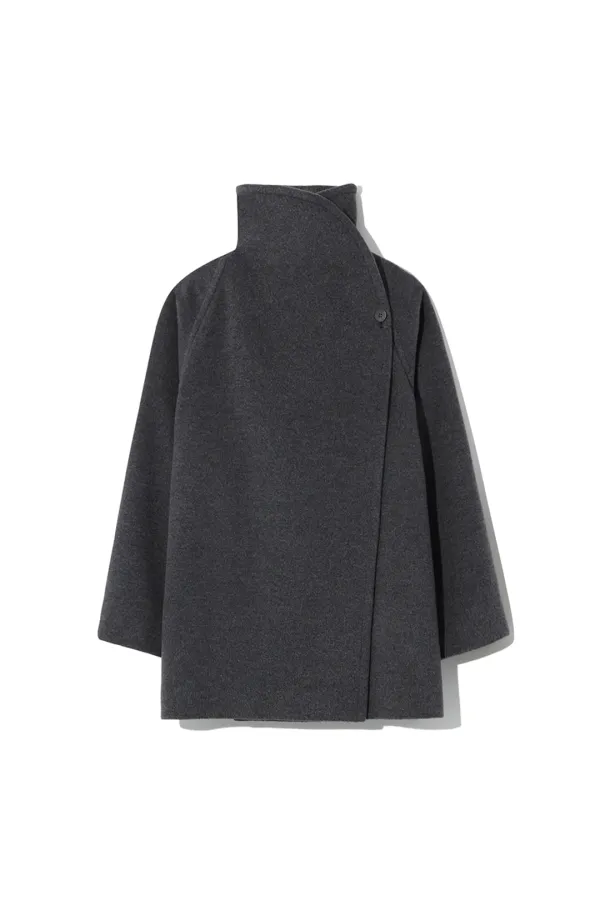 STAND NECK WOOL HALF COAT [CHARCOAL]