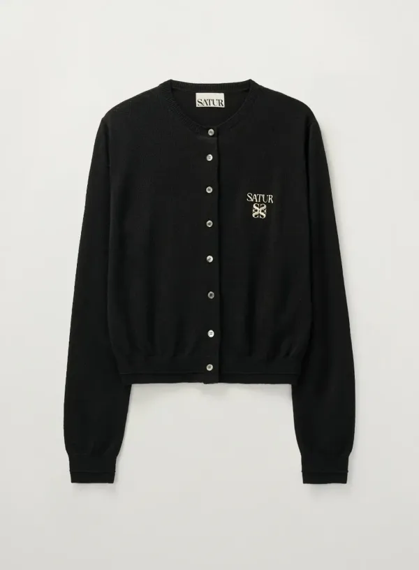 (W) Loren Basic Crewneck Fine Cardigan - Black