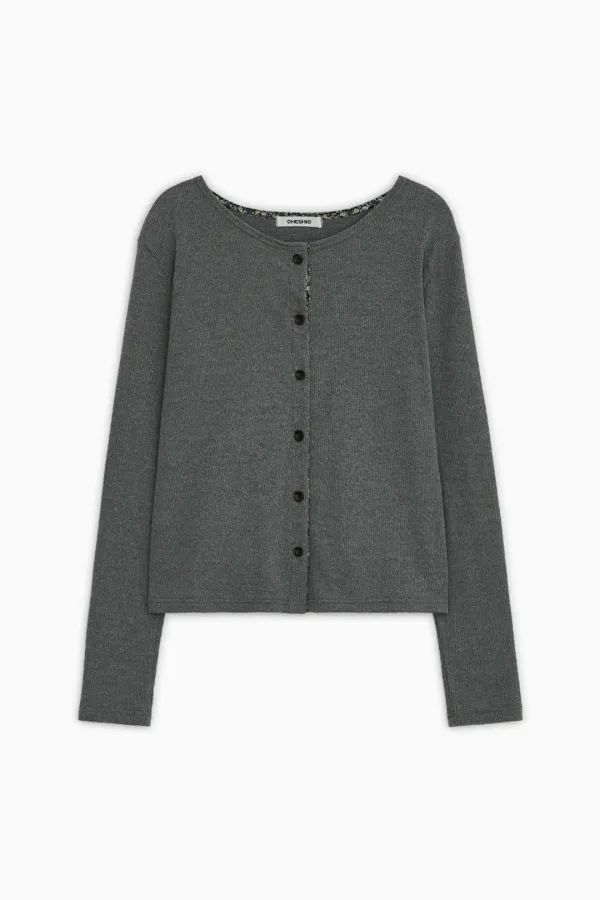FLORAL COLOR BLOCK JERSEY CARDIGAN, GRAY