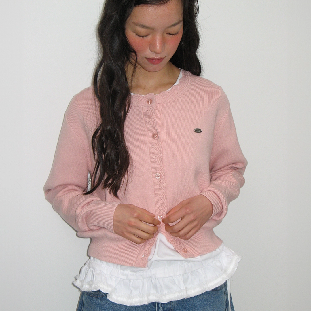 론론 SCALLOP LINED BASIC KNIT CARDIGAN SOFT PINK 상품 이미지 1