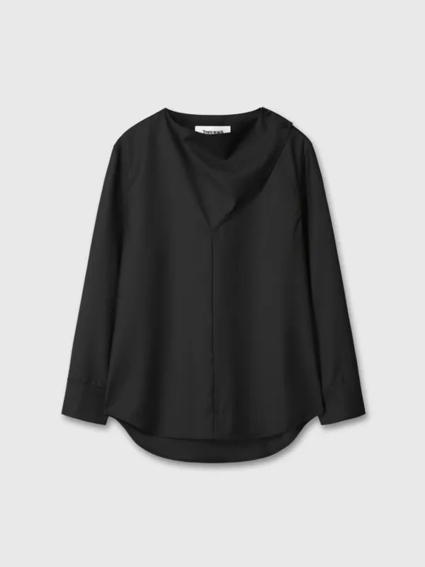 (W) HERRINGBONE WOOL COWL-NECK BLOUSE_ BLACK