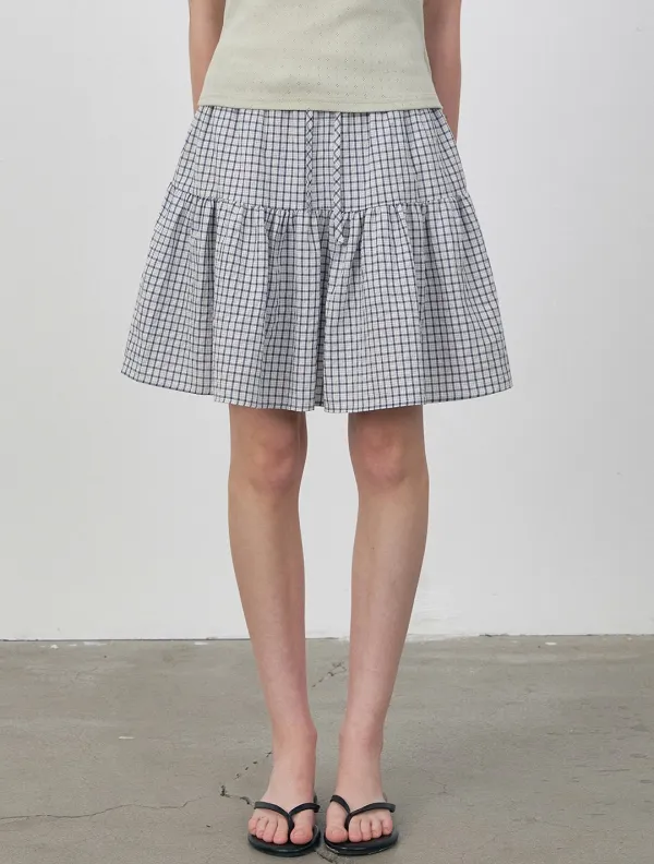 Crinkle check pattern tiered midi skirt_Blue