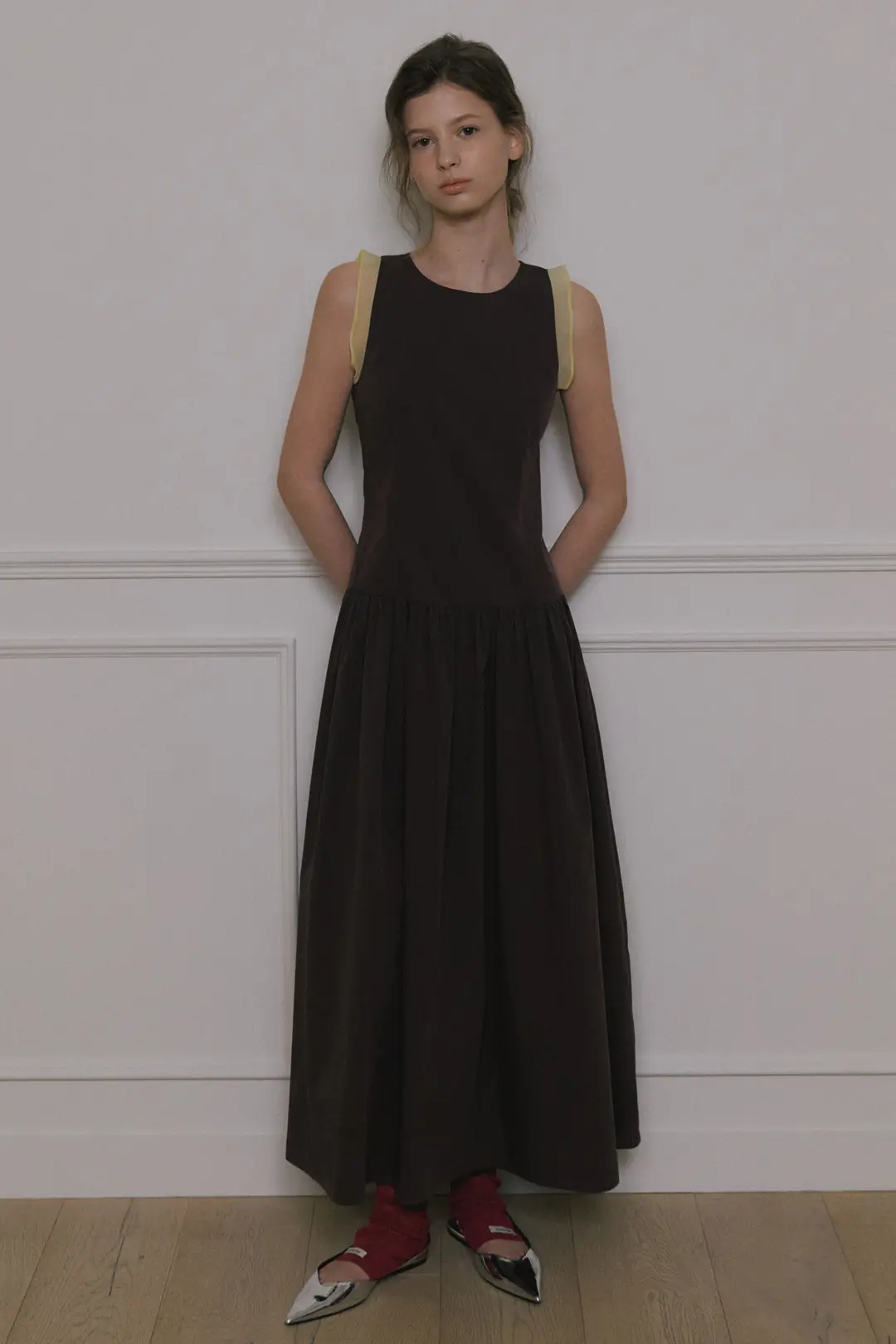 오버듀플레어 LOW WAIST CONTRAST MAXI DRESS_BROWN/LIME 상품 이미지 2