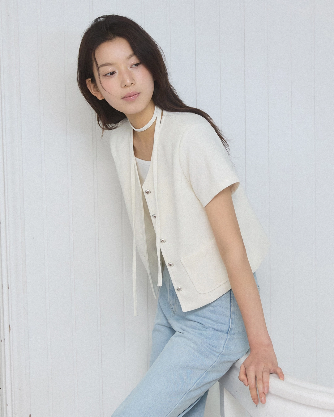 어다울 V neck choker half tweed jacket - ivory 상품 이미지 2