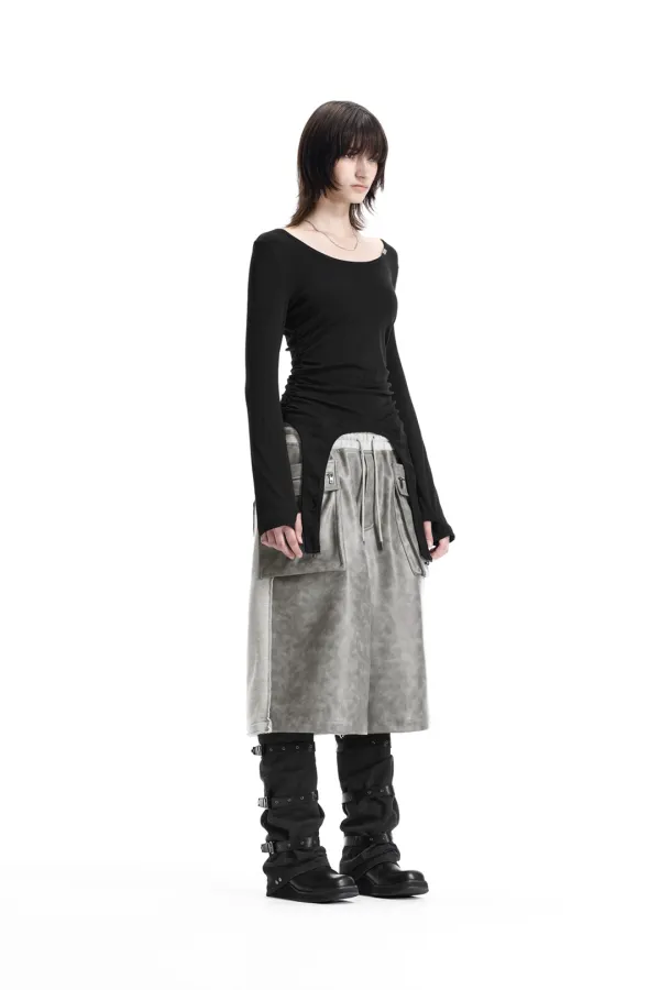Garter-Hem Long-Sleeve Top [ Black ]