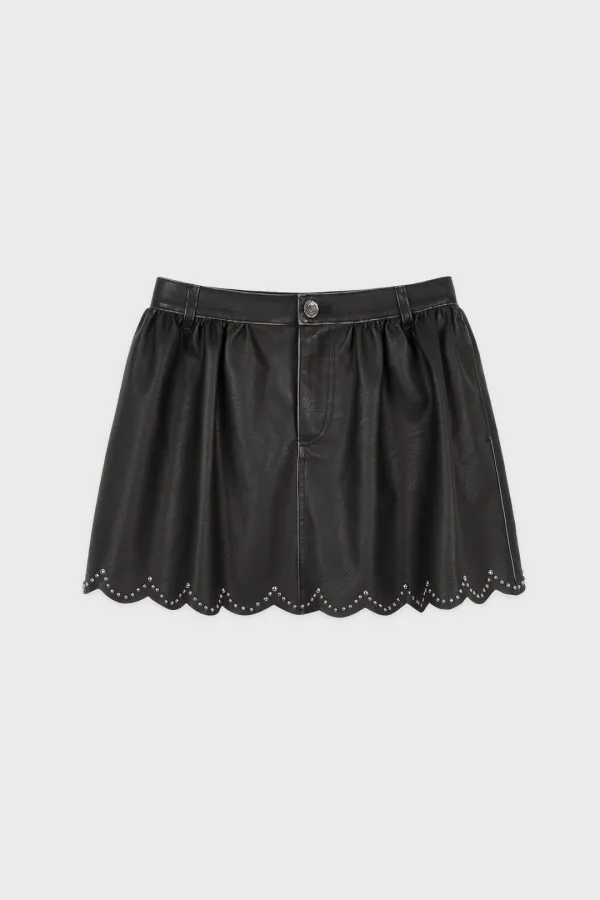 Scalloped-Edge Faux Leather Mini Skirt (Black)