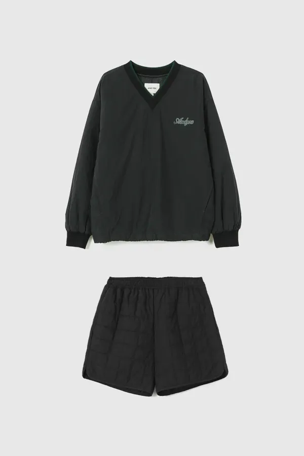 [SET]홀먼 브이넥 패딩 윈드 브레이커 + 마리보 퀼팅 밴딩 쇼츠 (Black)