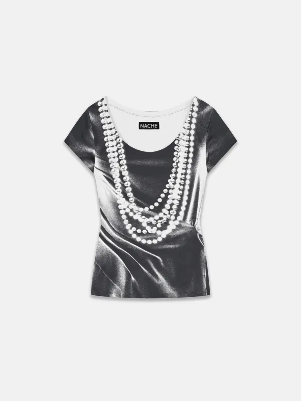 PEARL NECKLACE PRINTED T-SHIRT BLACK