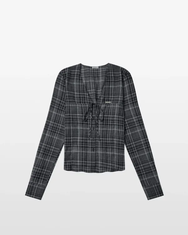 SMOCKED CHECK BLOUSE (navy)