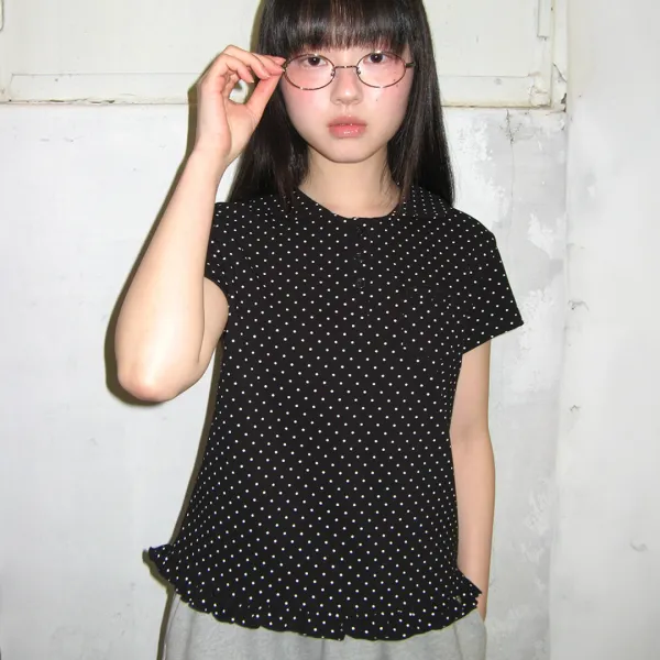 RUFFLE ROUND COLLAR PK T SHIRT DOT BLACK