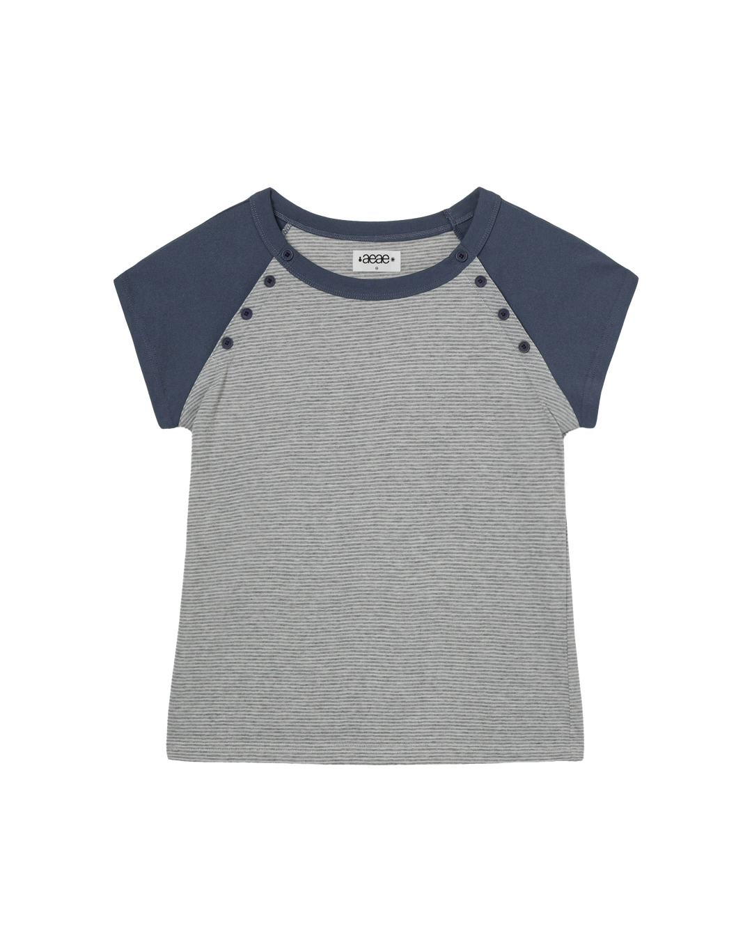 에이이에이이 STRIPE BUTTON RAGLAN TEE [GREY] 상품 이미지 1