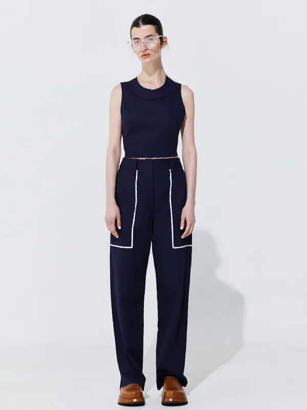 Color-Block Point linen Trousers_Navy
