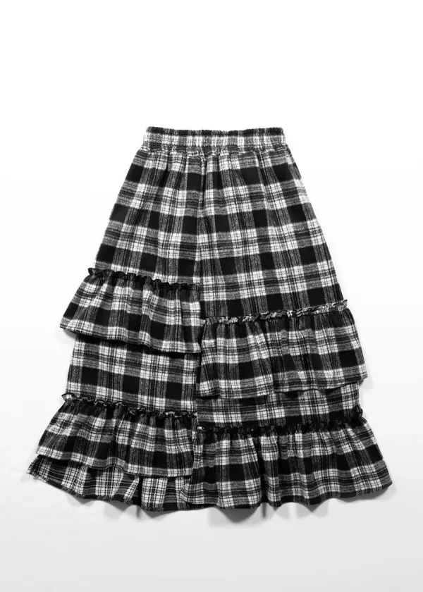GATHERED TIERED LONG SKIRT - CHECK