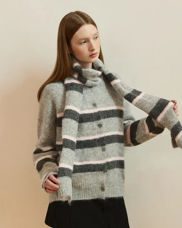 Mix stripe round neck cardigan - 3color