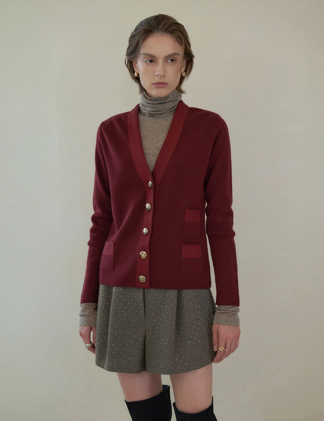 노미나떼 Camille Rib Tape Cardigan (Burgundy) 상품 이미지 1