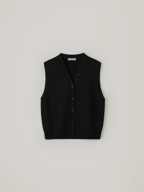 Wool V-Neck Knit Vest - Black
