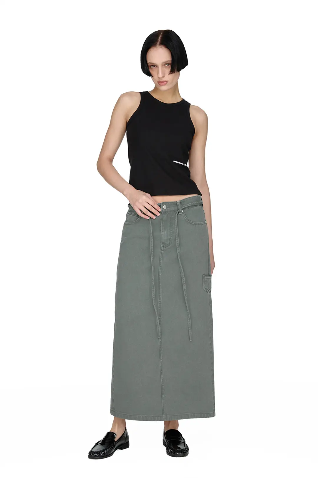 썬번프로젝트 STRING COLOR DENIM MAXI SKIRT, KHAKI 상품 이미지 2