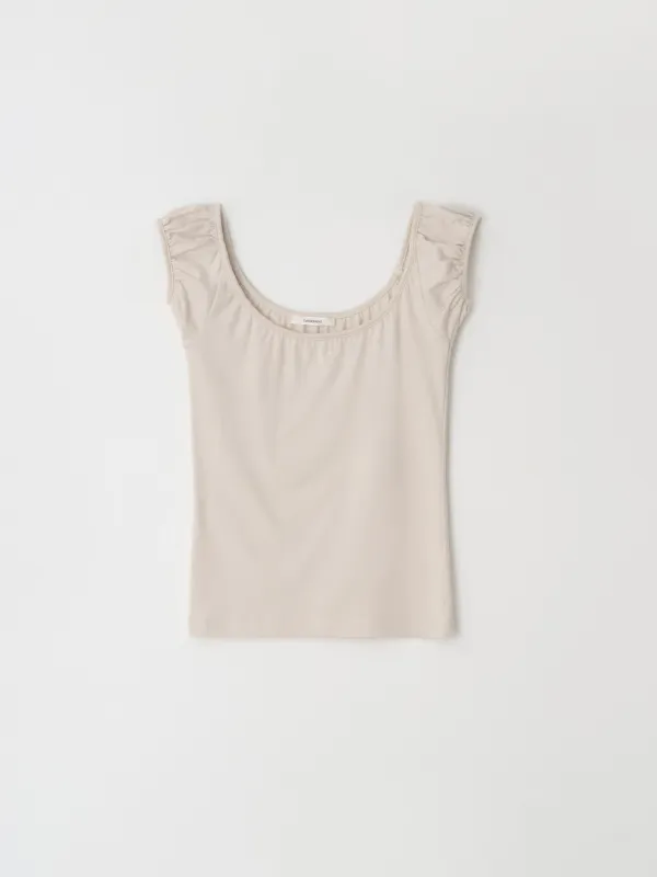Shirring Scoop Neck Top (Beige)