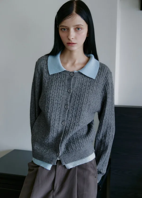 [44-120]  Hizia Twist Layered Collar Cardigan  히지야 트위스트 레이어드 카라 가디건 (가을-겨울-데일리룩-출근룩-데이트룩-하객룩-페미닌-배색가디건-카라가디건-꽈배기-긴팔가디건-슬림핏-레이어드-자체제작) - MICANE