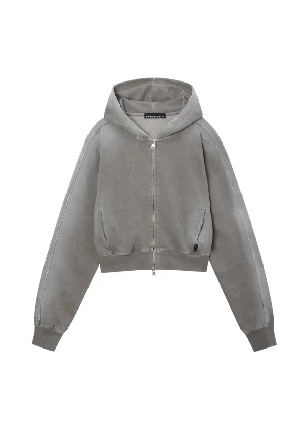 SPRAY WASHED CROPPED HOOD ZIP-UP (KHAKI)