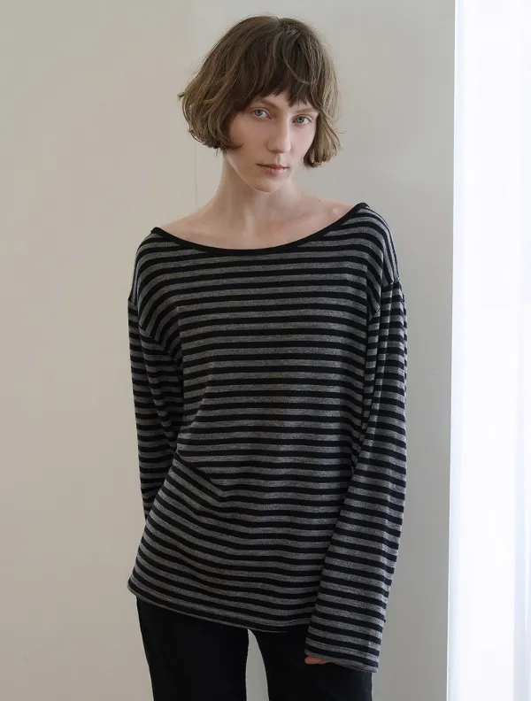 Stripe contrast one-shoulder T-shirt_Black