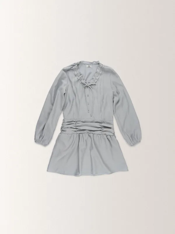 RIBBON SHIRRING ONE PIECE DRESS [ PALE BLUE ]