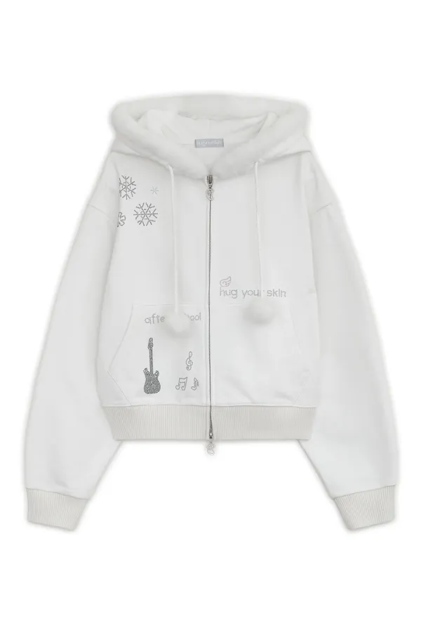 Hotfix fur hoodie zip-up (White)