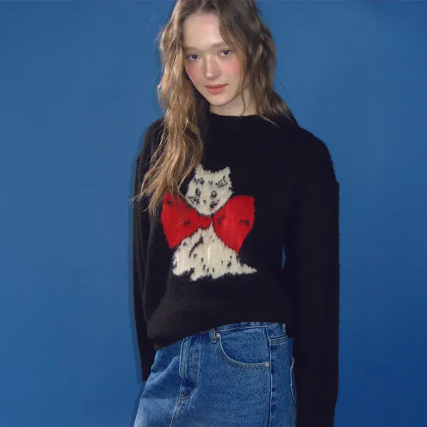 RIBBON CAT MOHAIR PULLOVER KNIT BLACK