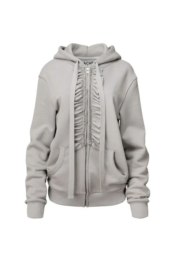 RUFFLE HOODIE ZIP-UP LIGHT GRAY
