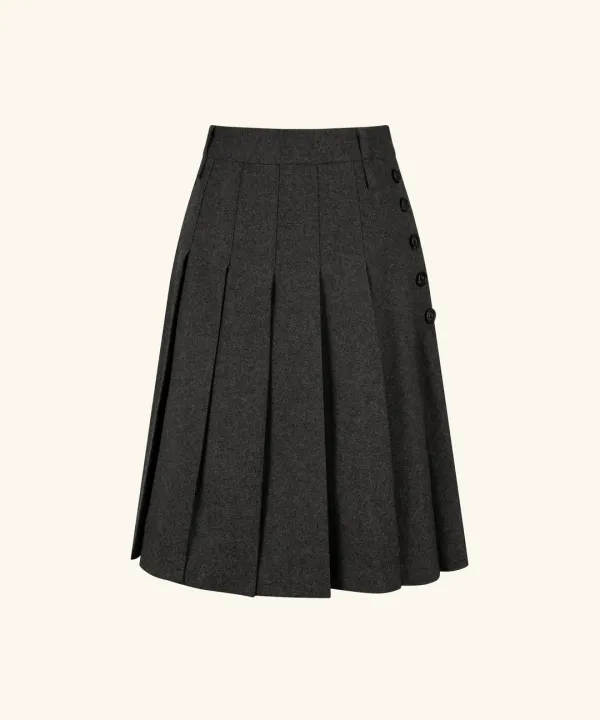 Button Midi Pleated Wool Skirt ( Charcoal )
