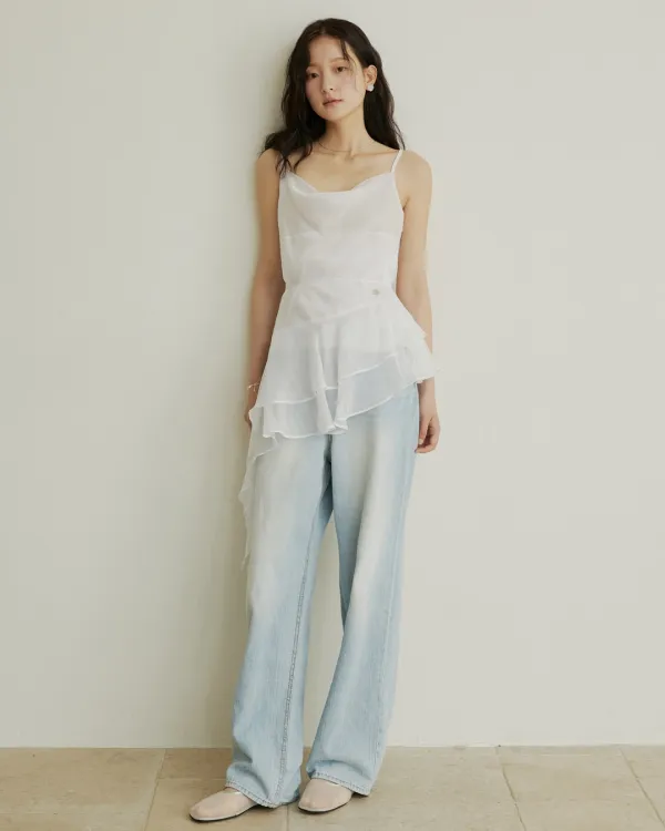 [26차 리오더] Drape neck unbalance shirring layered blouse - white