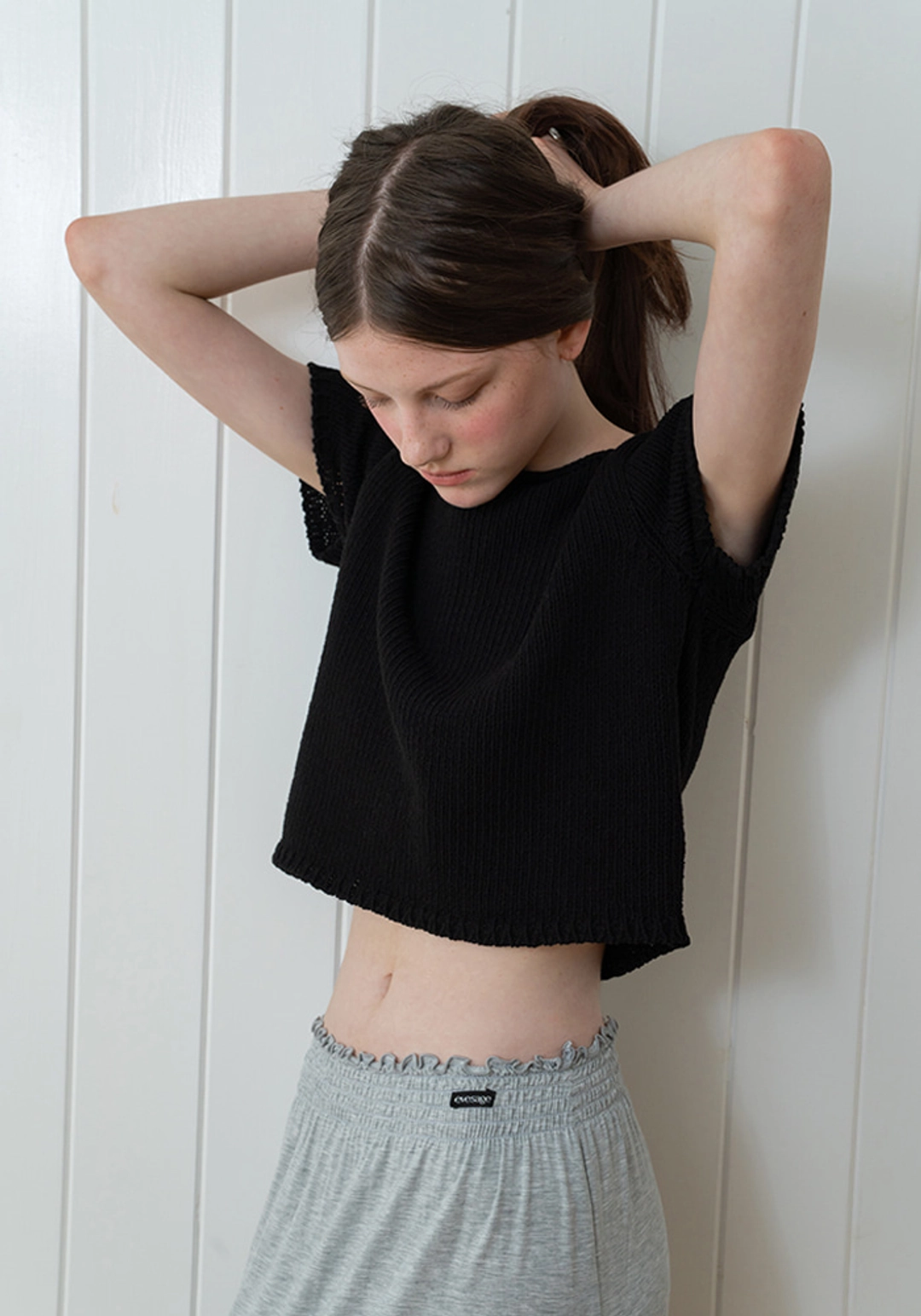 이브세이지 Linen crop cap sleeve knit (Black) 상품 이미지 2