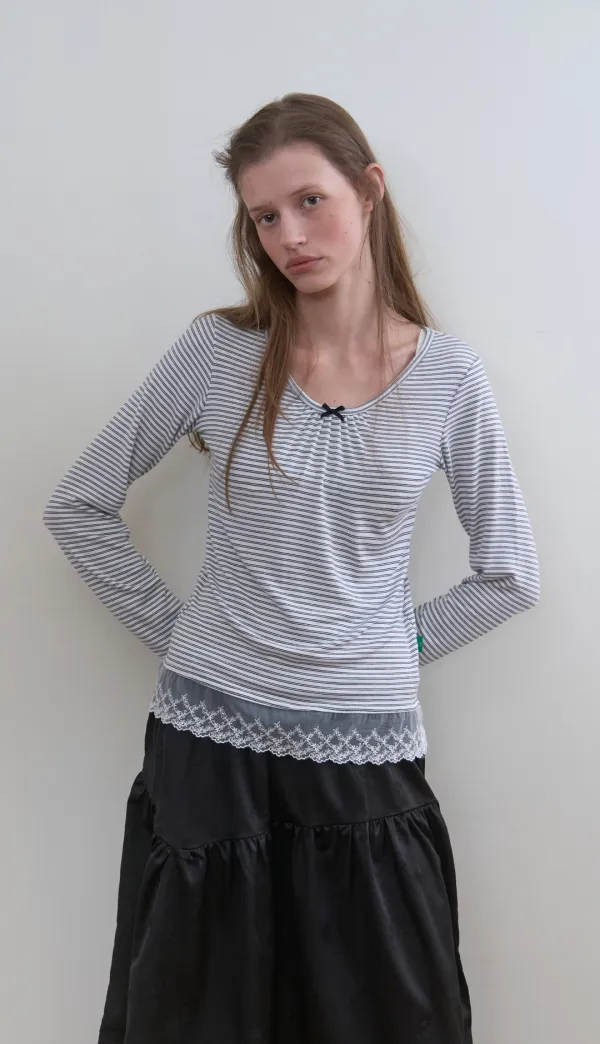 315. Stripe Lace Shirring T _ White