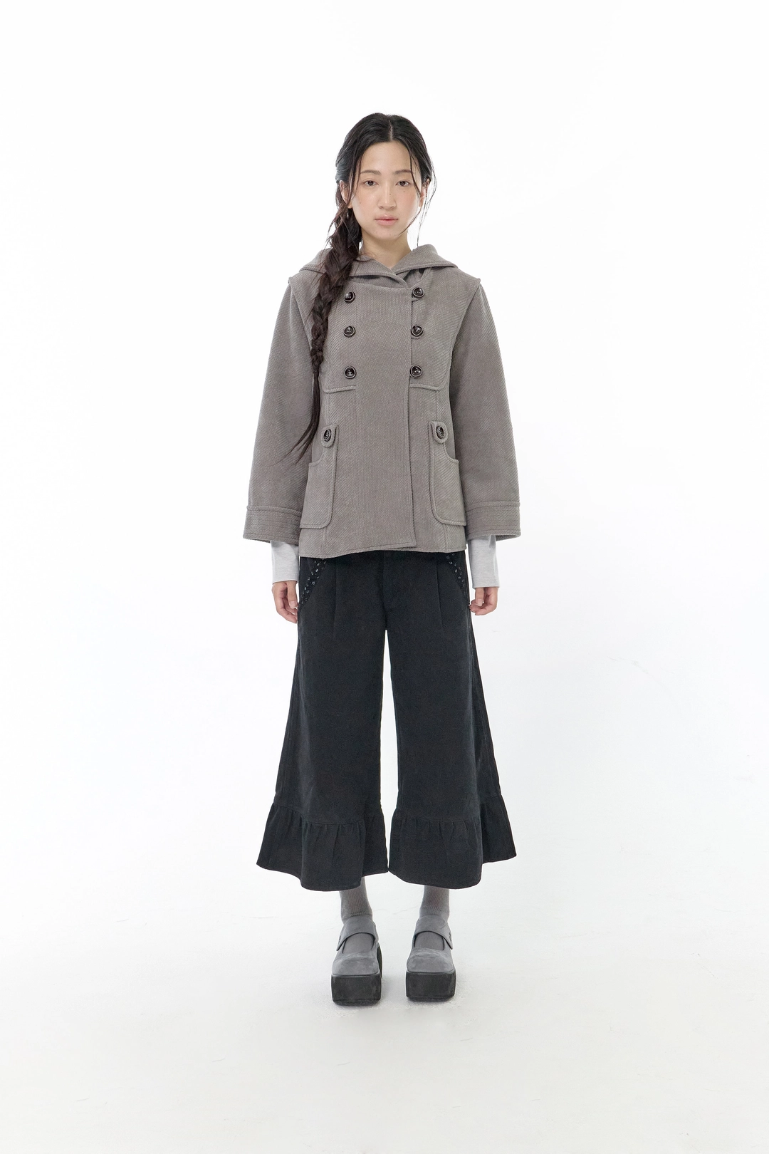 허그유어스킨 Hooded double button capri jacket (Gray) 상품 이미지 2