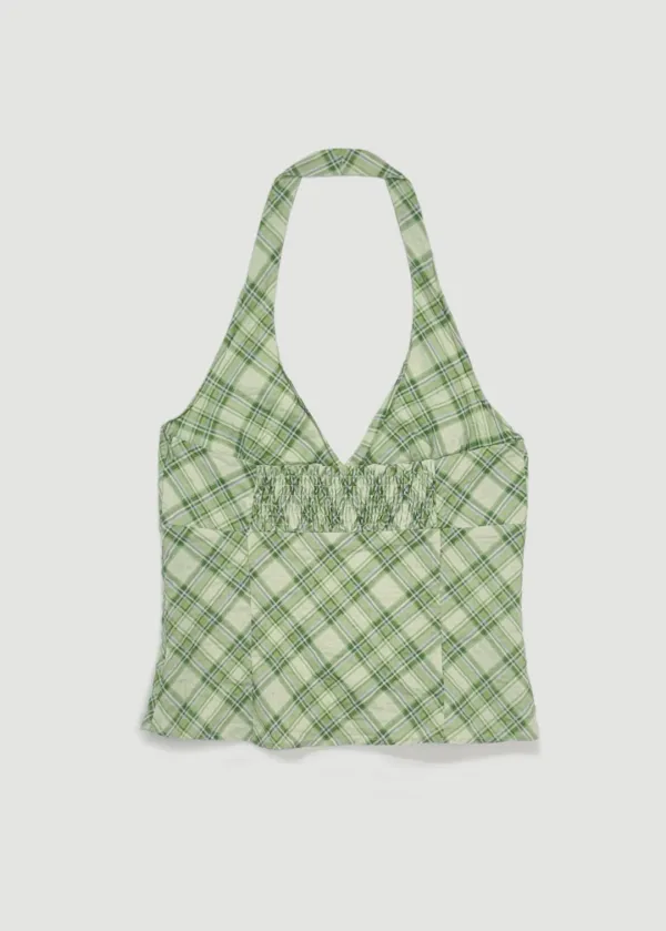 Check halterneck blouse (Light green)