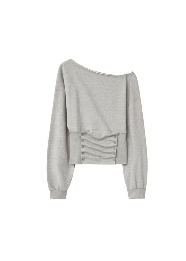 WAIST GATHERED BUTTON TOP, MELANGE GRAY