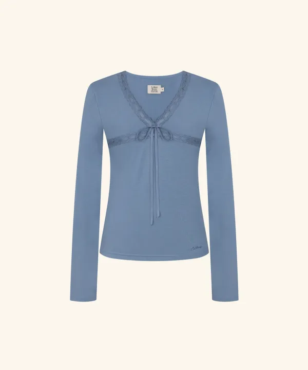 Letters Lace V-Neck T-Shirt (Blue)