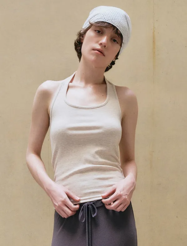 Fine stripe halter sleeveless top_Light beige
