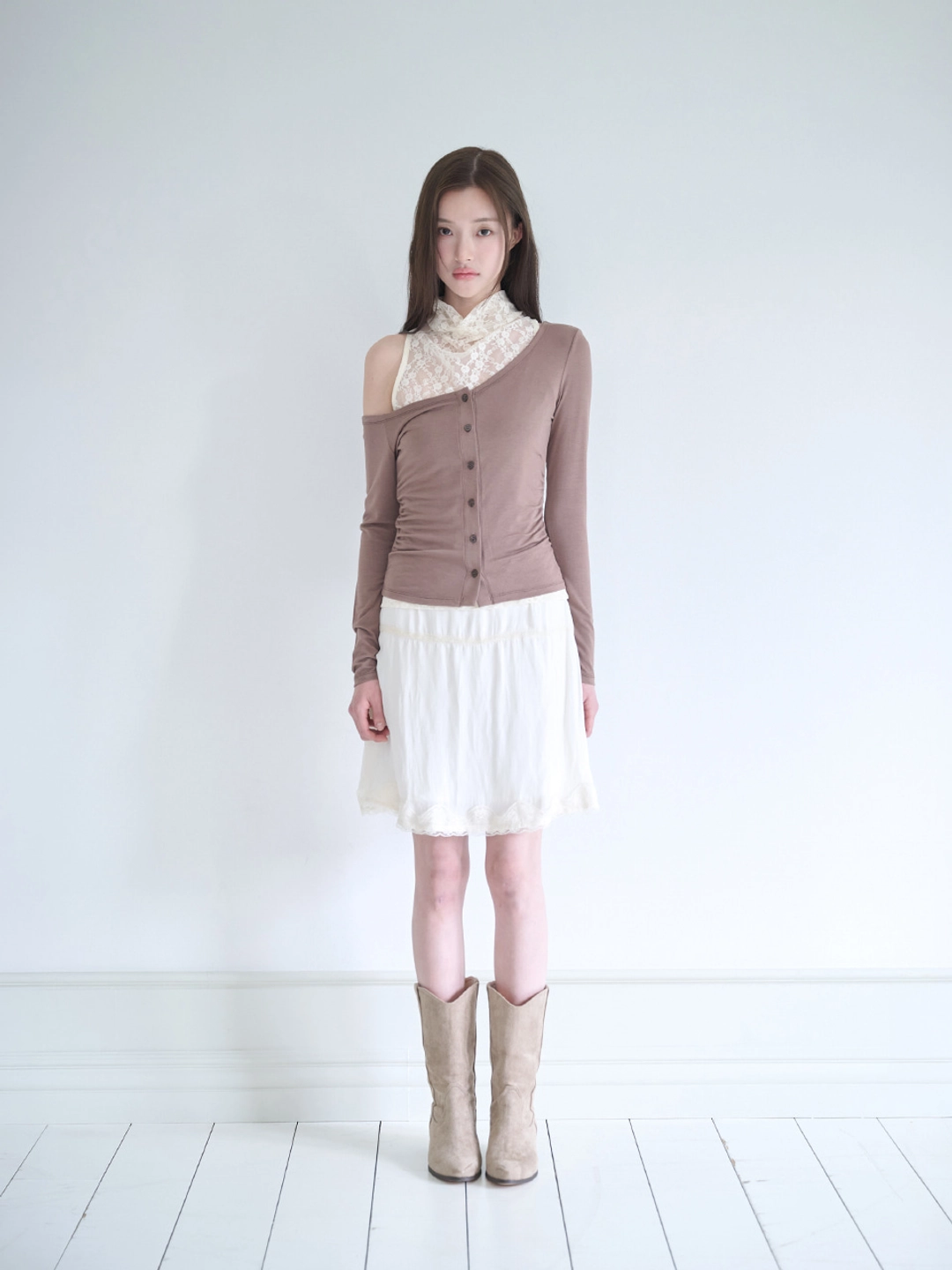 낫유어로즈 Lace drape cardigan set (Brown) 상품 이미지 1